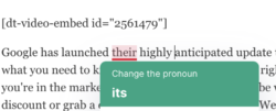 Grammarly suggesting a singular pronoun for a business.