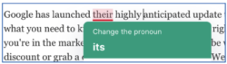Grammarly suggesting a singular pronoun for a business.
