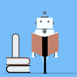 An illustration of a robot reading a book.