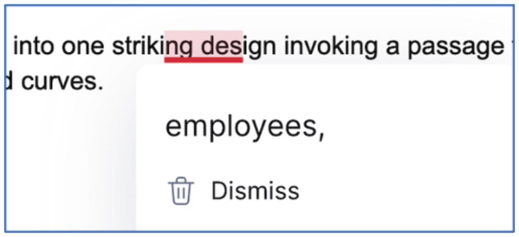 Text showing Grammarly suggestion to change "striking design" to "employees."