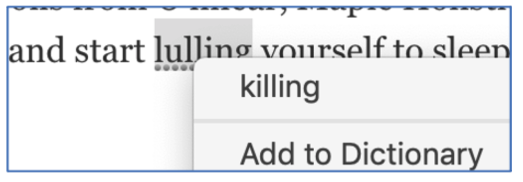 Text showing Grammarly suggesting a change from "lulling" to "killing."